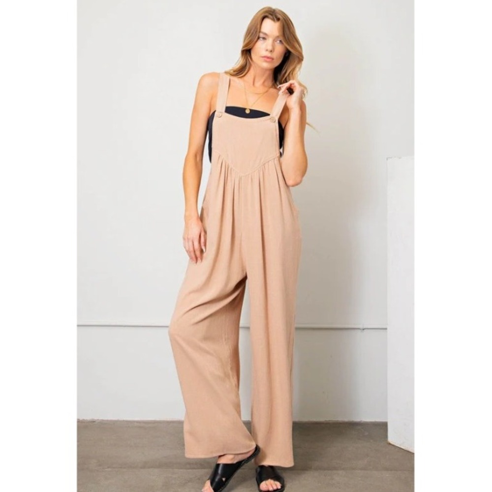 Kori Tan Linen Wide Leg Overalls Jumpsuit Chore Granola Baggy Boho Coastal S - Picture 1 of 9